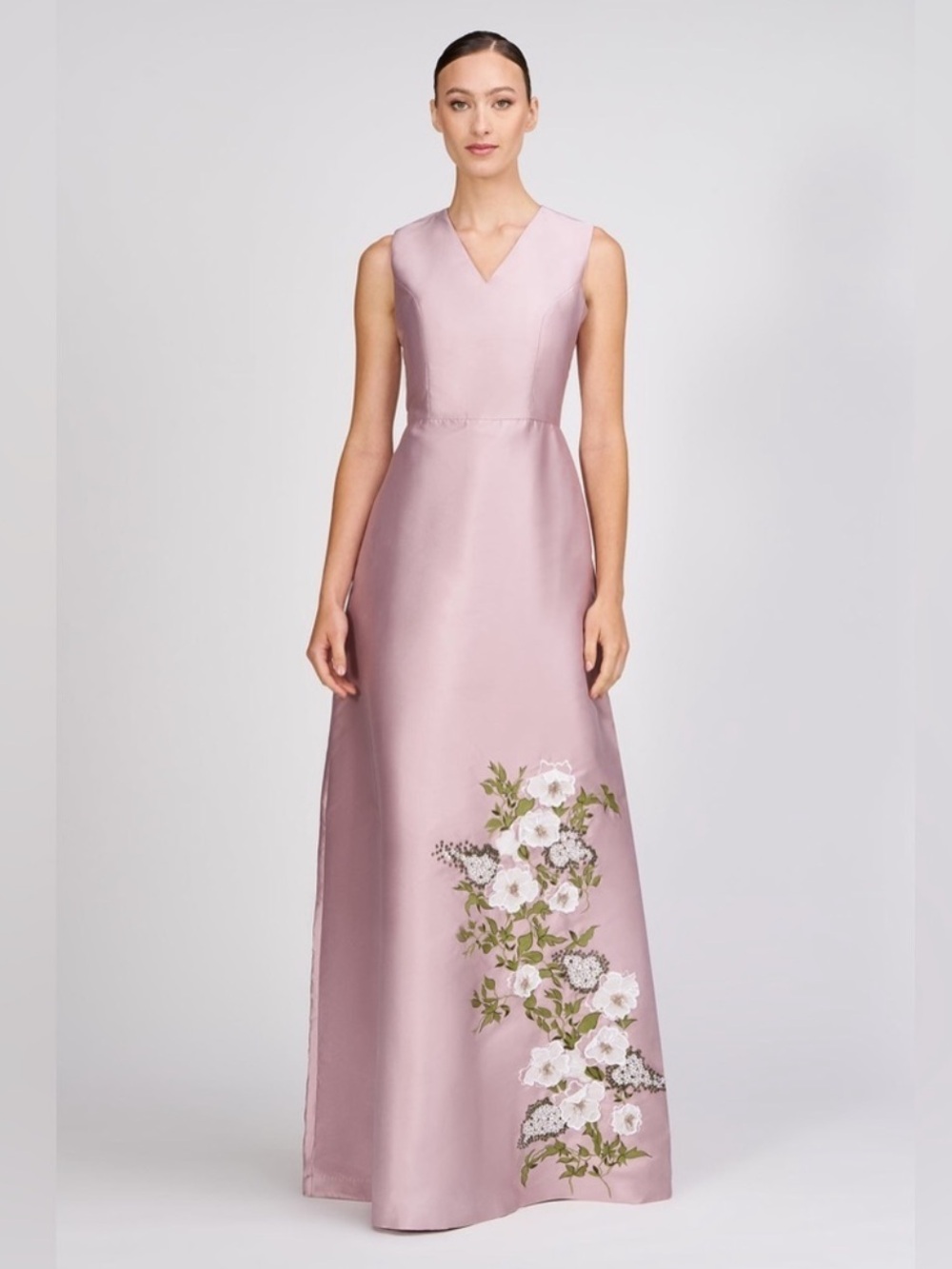 Aurelia Floral Sleeveless Taffeta Gown Dusty rose color